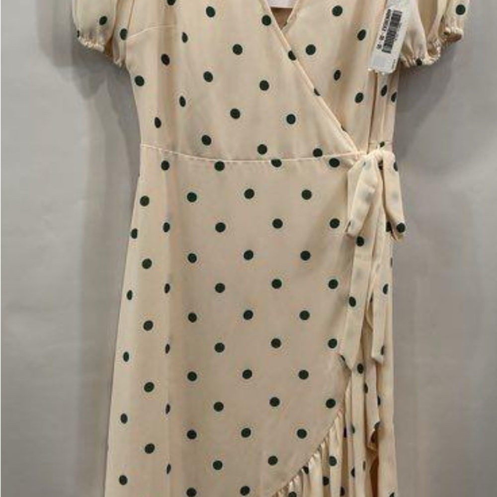 Kohl's Cream Wrap Dress with Green Polka Dots